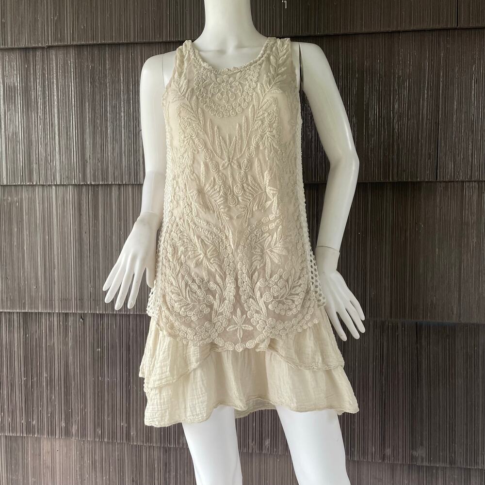 Le Marais Paris Italy Silk Blend Crochet Romantic Boho Cottagecore Beige Dress M